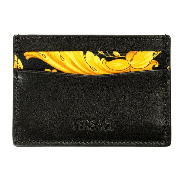 Versace Black & Barocco Print 100% Leather Card Case Holder - Picture 1 of 4